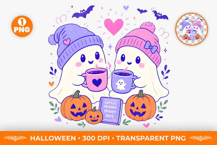 Retro Cute Ghost Coffee Friends Sublimation Clipart PNG
