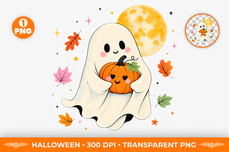Cute Ghost with Fall Bow Sublimation Clipart PNG