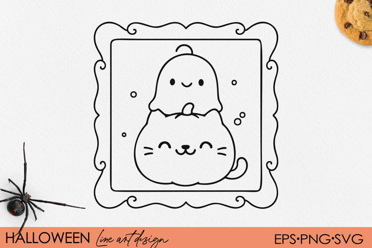 Cute Kawaii Ghost on Pumpkin Cat, Halloween Frame SVG