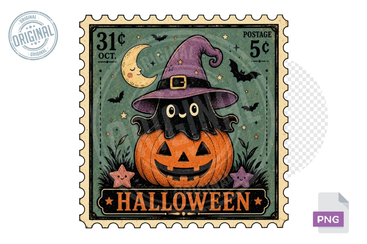 Cute Ghost Pumpkin Witch Hat Halloween Stamp PNG Design Art