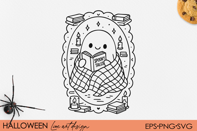 Cute Kawaii Ghost Reading Spooky Tales, Halloween Frame SVG