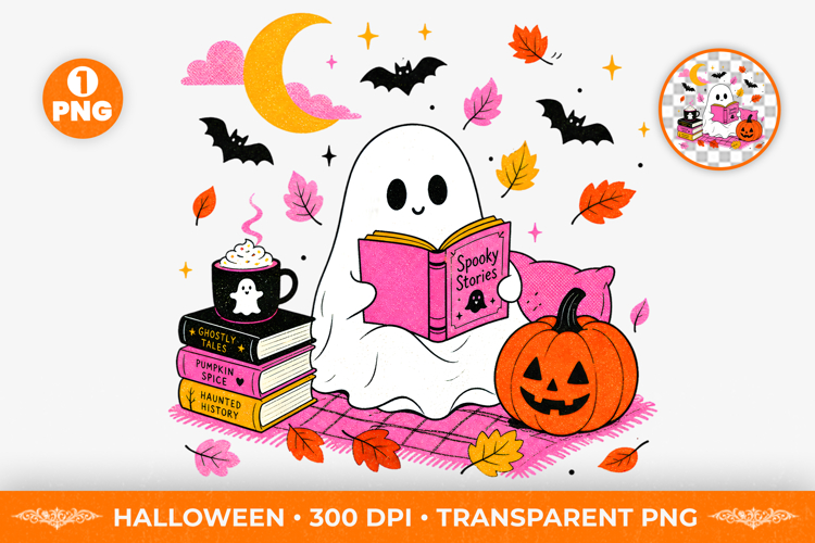 Cute Ghost Reading Book Halloween Sublimation Clipart PNG