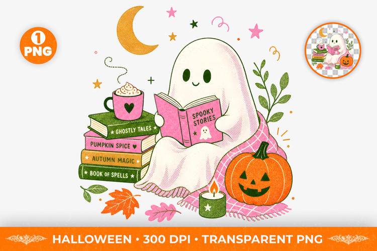 Cute Ghost Reading Books Pumpkin Sublimation Clipart PNG