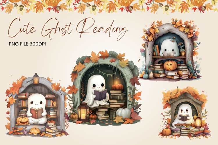 Cute Spooky Halloween Clipart Bookshelf Ghost Books Library