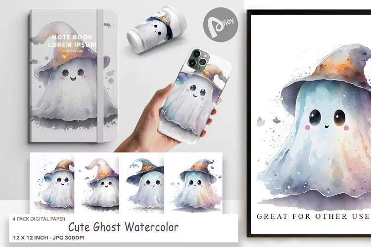 Digital Paper Cute Ghost Watercolor