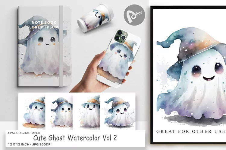 Digital Paper Cute Ghost Watercolor