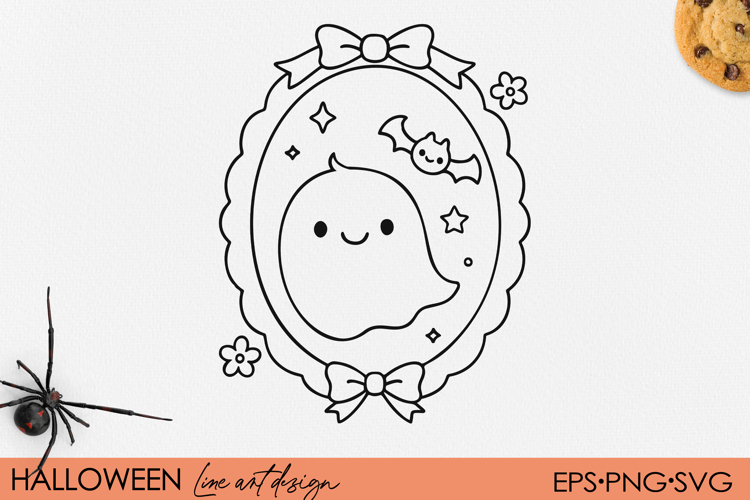 Cute Kawaii Ghost with Bat, Halloween Frame SVG