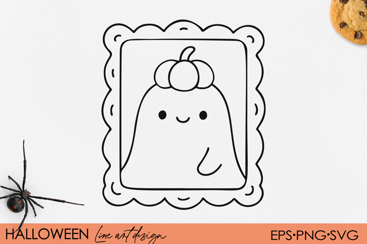 Cute Kawaii Ghost with Pumpkin Hat, Halloween Frame Line Art