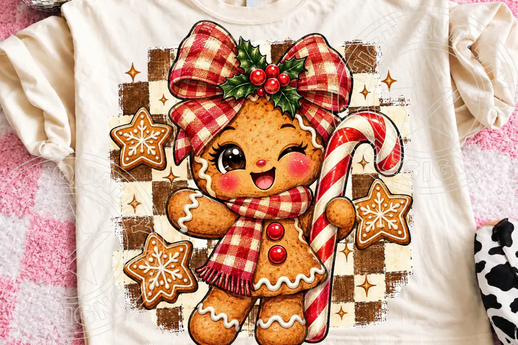 Cute Gingerbread Christmas Buffalo Plaid Bow & Candy Cane PN