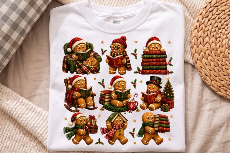 Cute Gingerbread Reading Book Shirt PNG, Winter Reading