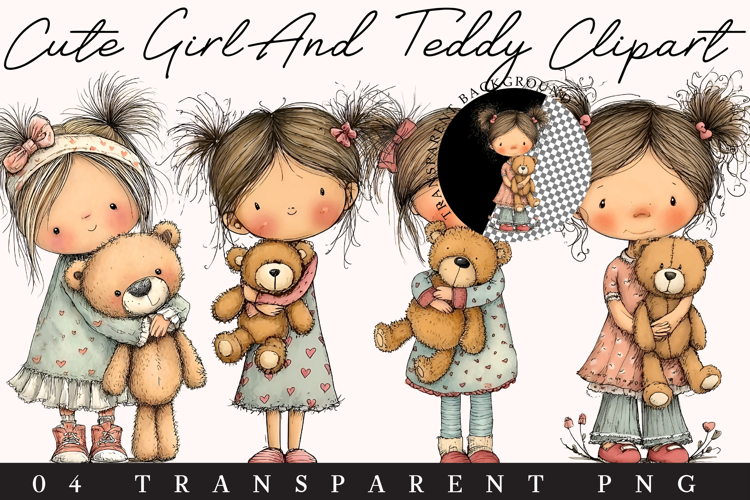 Cute Girl And Teddy Clipart Sublimation