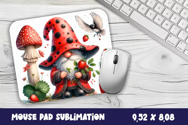 Ladybug gnome. Strawberry Mouse Pad. Spring Mouse Pad