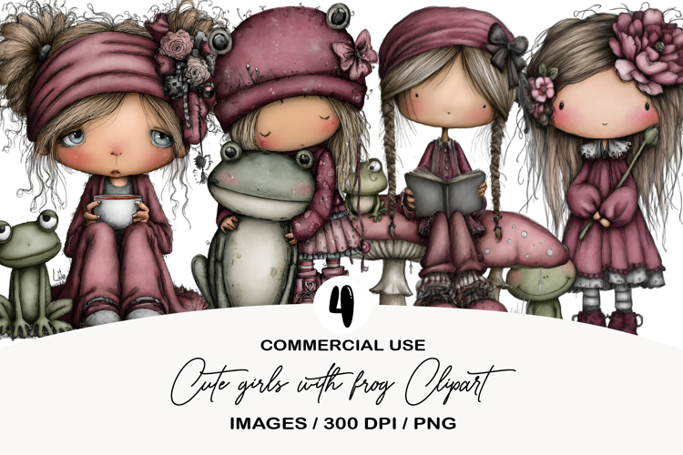 Cute girls with frog Clipart