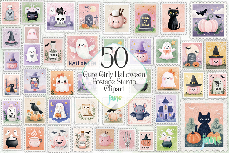 Cute Girly Halloween Postage Stamp Clipart Bundle