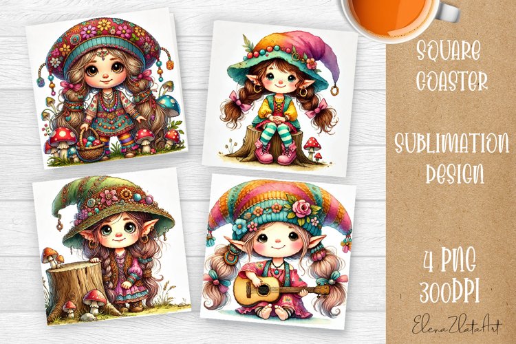 Cute gnome hippie style Square Coaster Sublimation Design