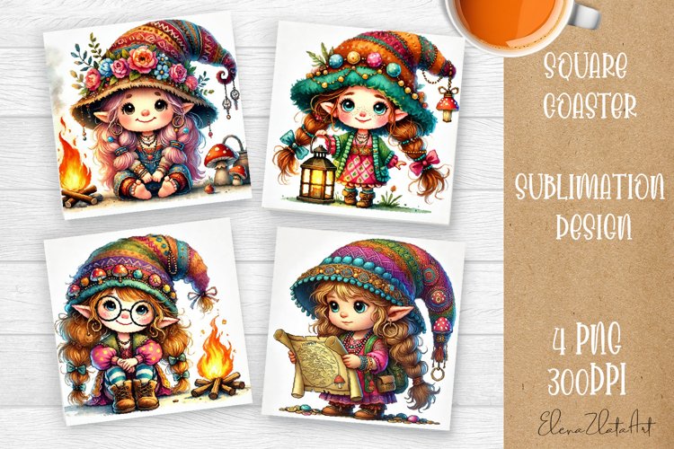 Cute gnome hippie style Square Coaster Sublimation Design