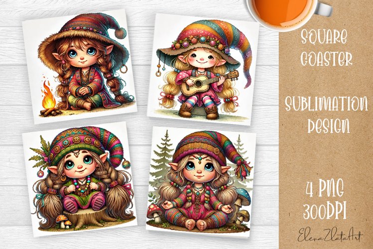 Cute gnome hippie style Square Coaster Sublimation Design