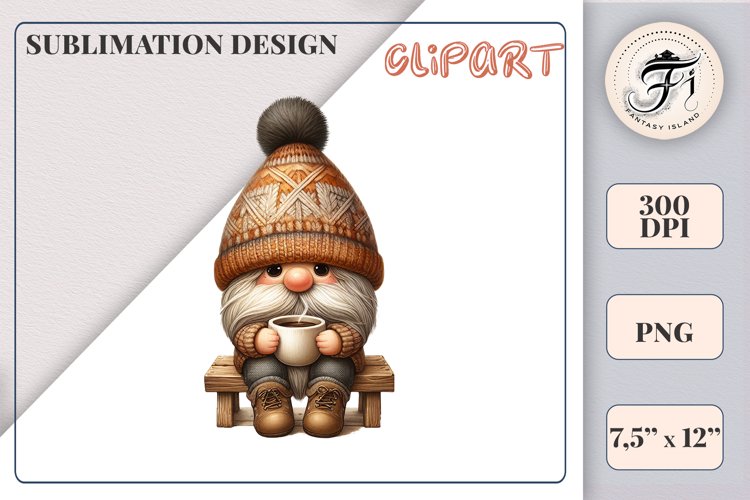 Discover a cozy autumn mood with this cute gnome holding a cup of coffee. Perfect for fall designs, scrapbooking and coffee lovers. PNG with transparent background.