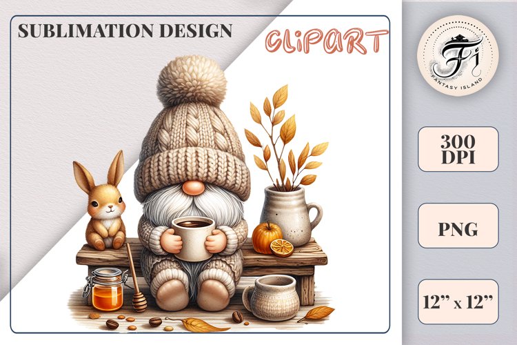 Discover a cozy autumn mood with this cute gnome holding a cup of coffee. Perfect for fall designs, scrapbooking and coffee lovers. PNG with transparent background.