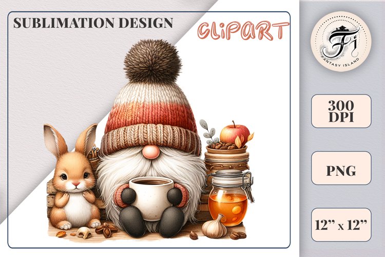 Discover a cozy autumn mood with this cute gnome holding a cup of coffee. Perfect for fall designs, scrapbooking and coffee lovers. PNG with transparent background.