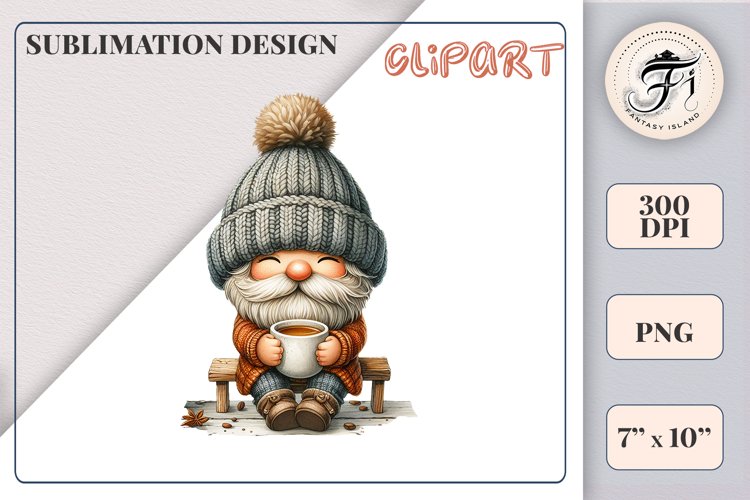 Discover a cozy autumn mood with this cute gnome holding a cup of coffee. Perfect for fall designs, scrapbooking and coffee lovers. PNG with transparent background.
