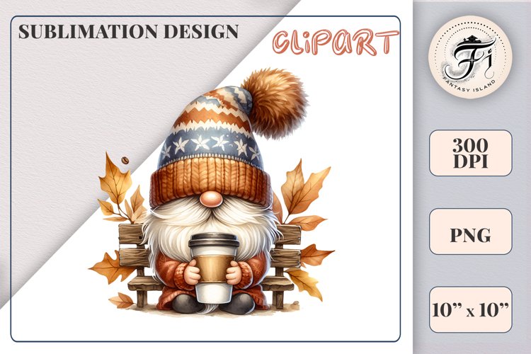 Discover a cozy autumn mood with this cute gnome holding a cup of coffee. Perfect for fall designs, scrapbooking and coffee lovers. PNG with transparent background.