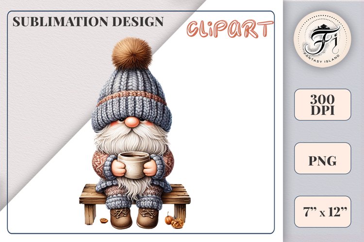Discover a cozy autumn mood with this cute gnome holding a cup of coffee. Perfect for fall designs, scrapbooking and coffee lovers. PNG with transparent background.