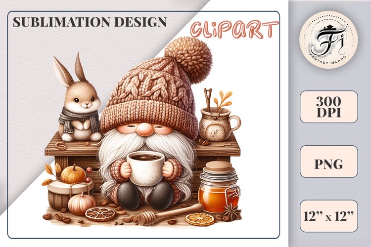 Discover a cozy autumn mood with this cute gnome holding a cup of coffee. Perfect for fall designs, scrapbooking and coffee lovers. PNG with transparent background.