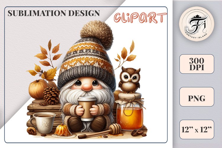 Discover a cozy autumn mood with this cute gnome holding a cup of coffee. Perfect for fall designs, scrapbooking and coffee lovers. PNG with transparent background.