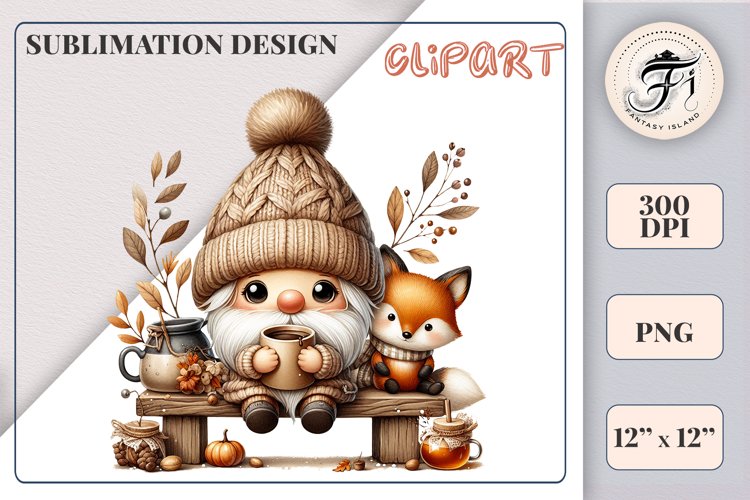 Discover a cozy autumn mood with this cute gnome holding a cup of coffee. Perfect for fall designs, scrapbooking and coffee lovers. PNG with transparent background.