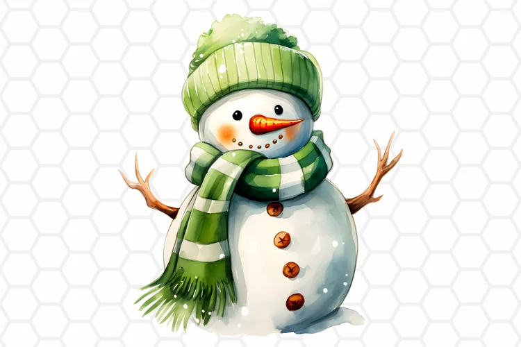 Cute Green Watercolor Snowman Clipart, Sublimation PNG