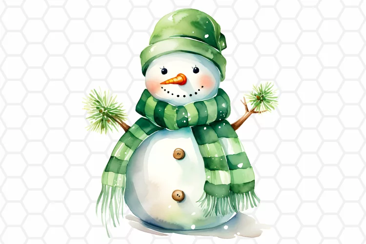 Cute Green Watercolor Snowman Clipart, Sublimation PNG