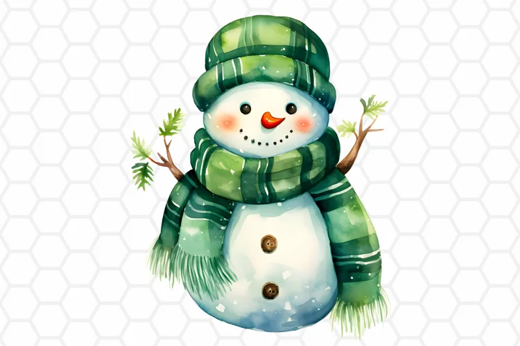 Cute Green Watercolor Snowman Clipart, Sublimation PNG