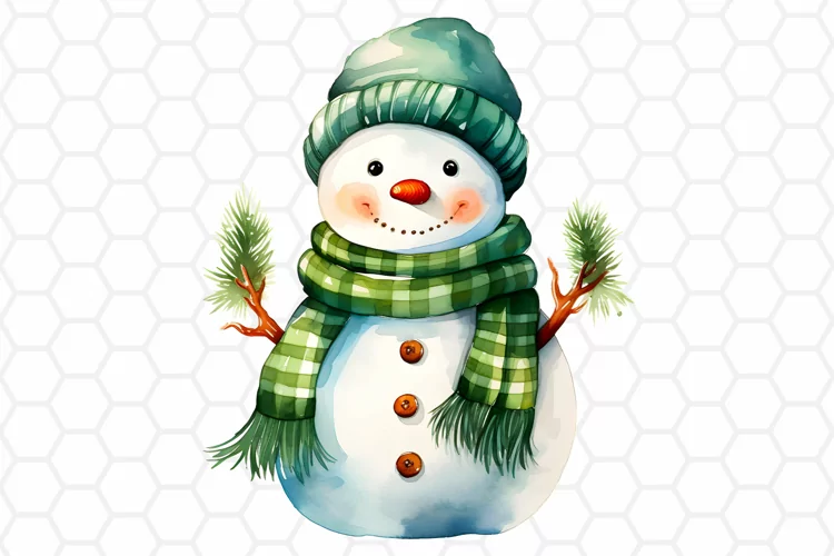 Cute Green Watercolor Snowman Clipart, Sublimation PNG