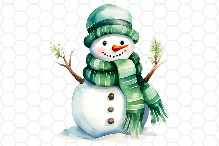 Cute Green Watercolor Snowman Clipart, Sublimation PNG