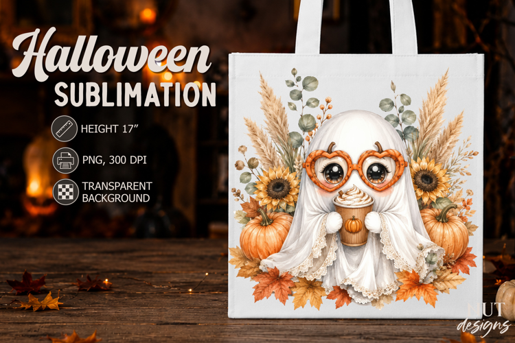 Cute Pumpkin Ghost with coffee Boho Halloween Autumn