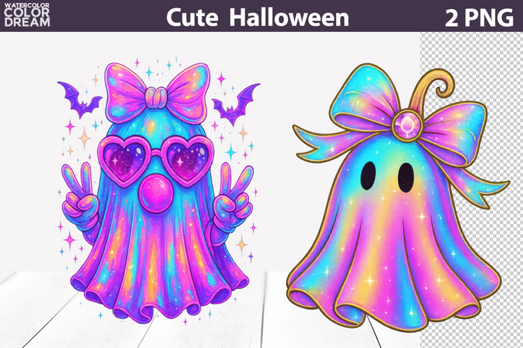 Iridescent Ghost Bow Clipart | Pink Cute Halloween