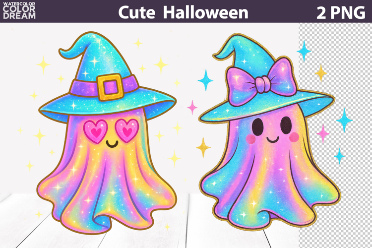 Iridescent Witch Ghosts | Cute Halloween PNG Clipart