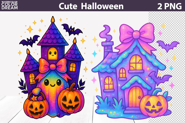 Cute Haunted Houses Ghost | Iridescent Halloween Clipart