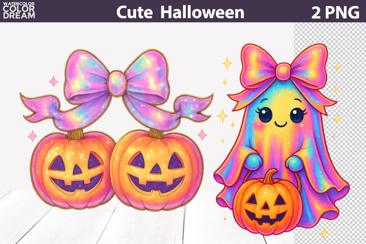 Iridescent Cherry Pumpkin Clipart | Rainbow Ghost Bow
