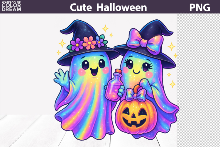 Witchy Ghost Friends with Potion Pumpkin | Halloween PNG
