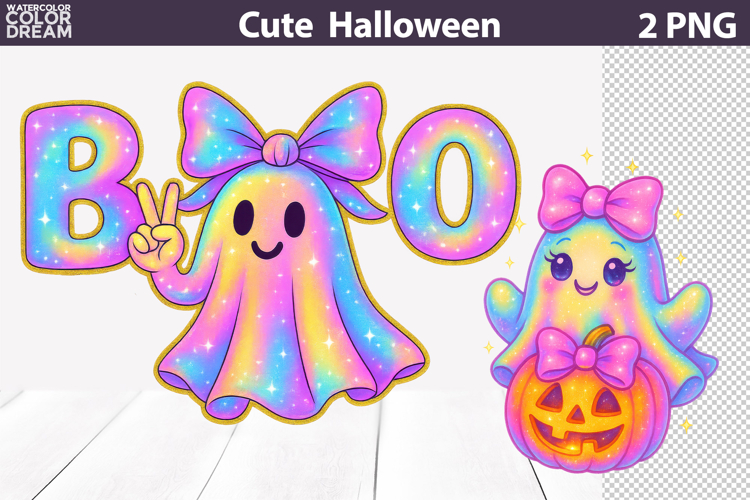 Rainbow BOO Ghost Pumpkin Clipart | Cute Halloween PNG