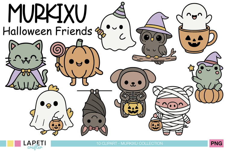 Cute Halloween Animal Clipart Set, Kawaii PNG Bundle