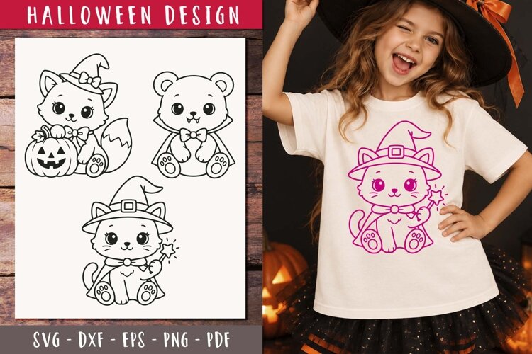 Cute Halloween animal SVG Witch Cat Bear clipart