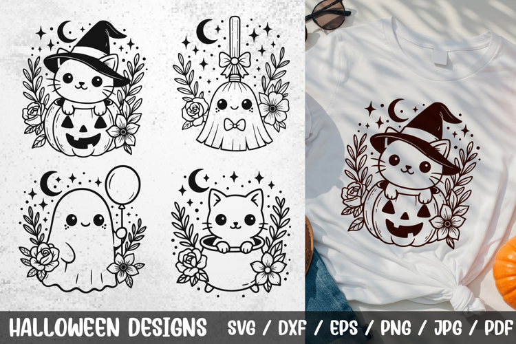 Cute Halloween Cat & Ghost SVG |Witch Cat, Pumpkin, Cauldron