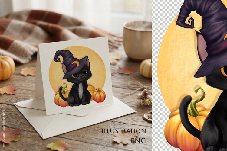 Cute Halloween Cat Illustration PNG example image 1