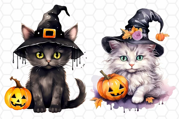 Cute Halloween Cat Watercolor Cliparts, Sublimation PNG