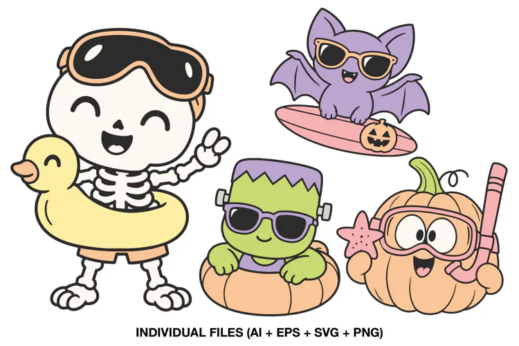 Skeleton Duck, Frankenstein Pumpkin and Bat, Spooky Graphics