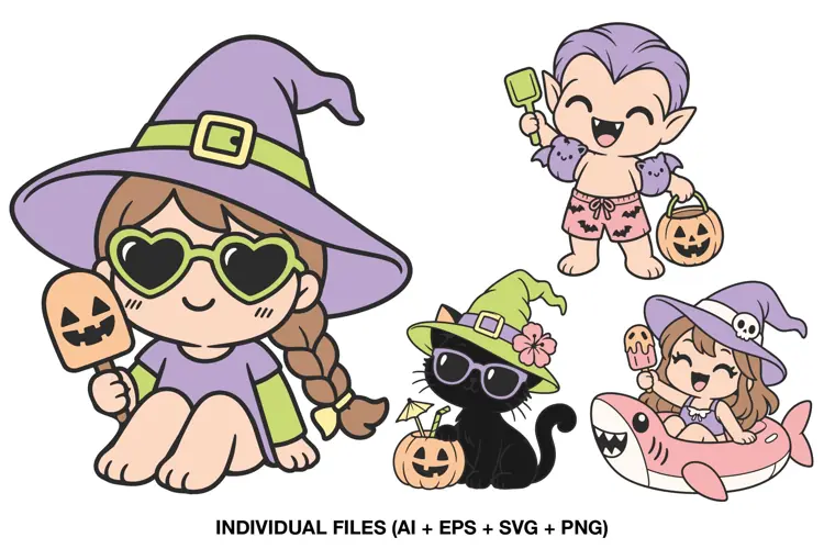 Cute Halloween Clipart, Witch Girl and Black Cat