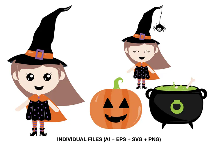 Cute Halloween Witch Clipart with Pumpkin and Cauldron